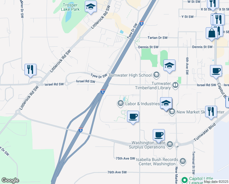 map of restaurants, bars, coffee shops, grocery stores, and more near 1111 Israel Road Southeast in Tumwater