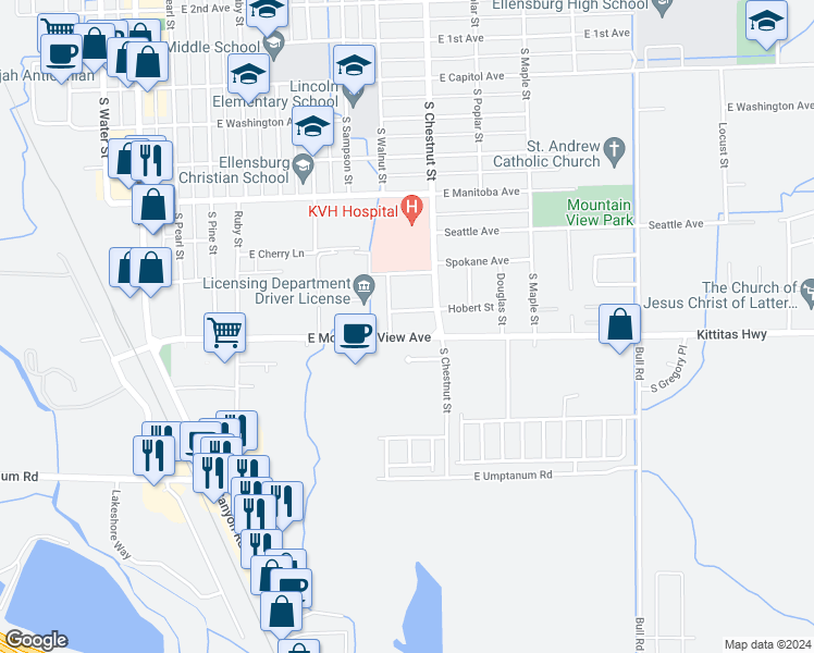 map of restaurants, bars, coffee shops, grocery stores, and more near 703 Kittitas Highway in Ellensburg