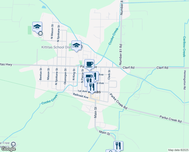 map of restaurants, bars, coffee shops, grocery stores, and more near 114 Main Street in Ellensburg