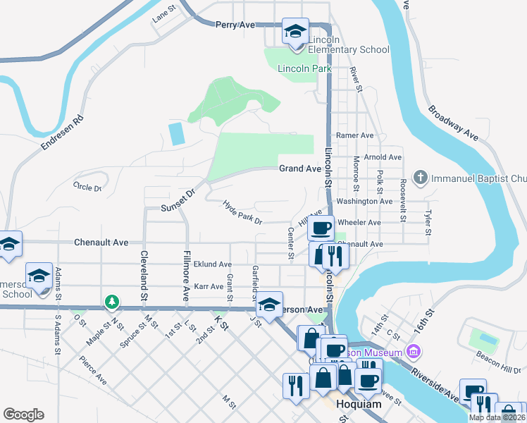 map of restaurants, bars, coffee shops, grocery stores, and more near 101 Cleaver Lane in Hoquiam