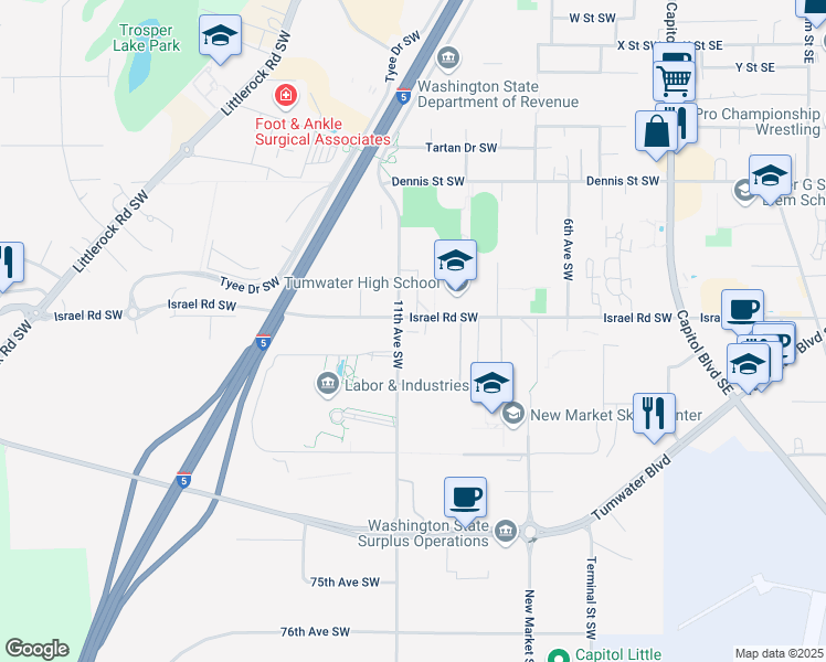 map of restaurants, bars, coffee shops, grocery stores, and more near 829 Israel Road Southwest in Tumwater