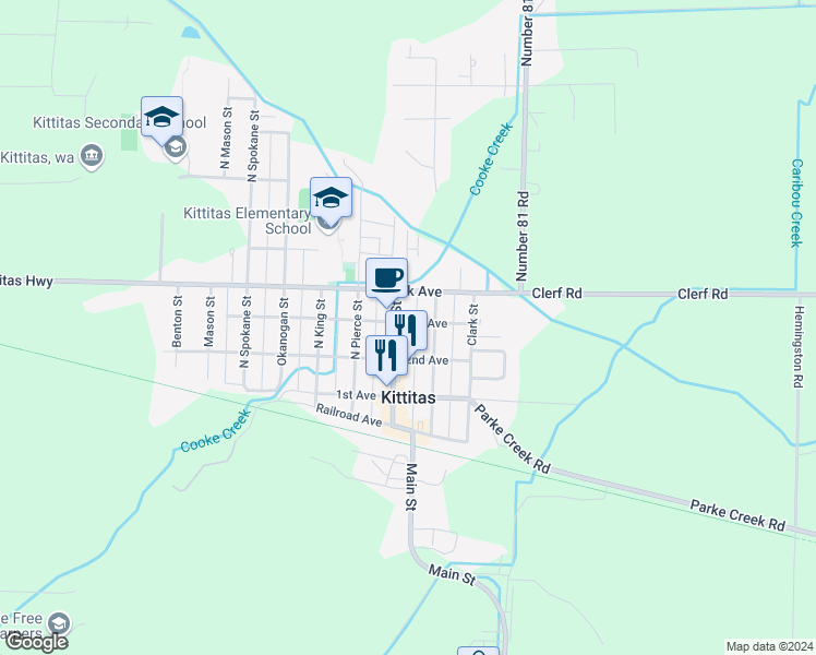 map of restaurants, bars, coffee shops, grocery stores, and more near 114 Main Street in Ellensburg