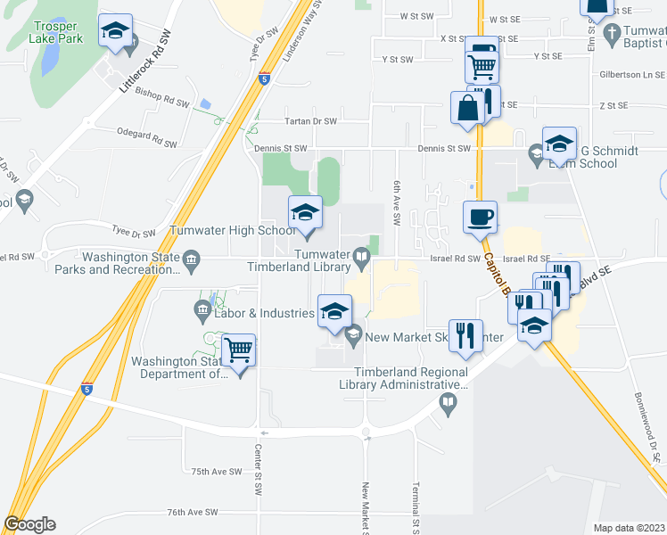 map of restaurants, bars, coffee shops, grocery stores, and more near 655 Israel Road Southwest in Tumwater