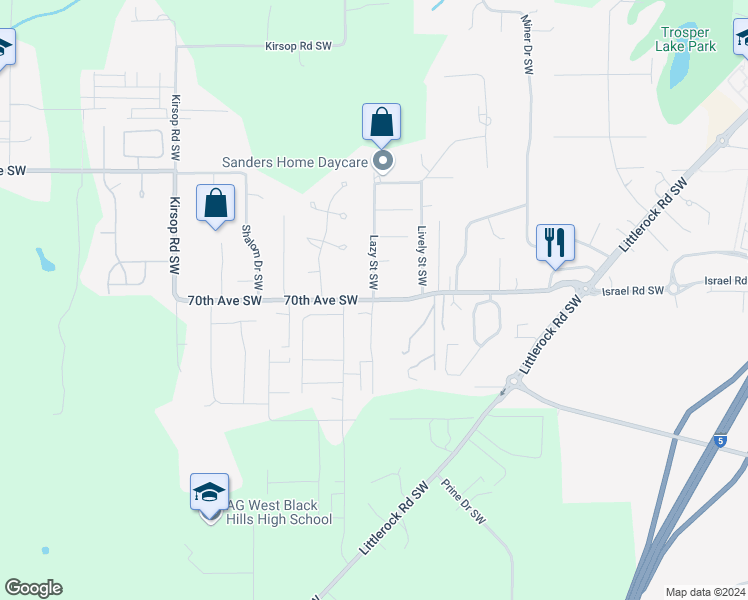 map of restaurants, bars, coffee shops, grocery stores, and more near 7001 Lazy Court Southwest in Olympia