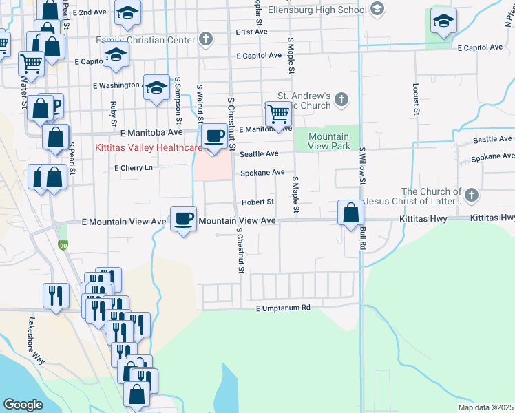 map of restaurants, bars, coffee shops, grocery stores, and more near 802 East Mountain View Avenue in Ellensburg