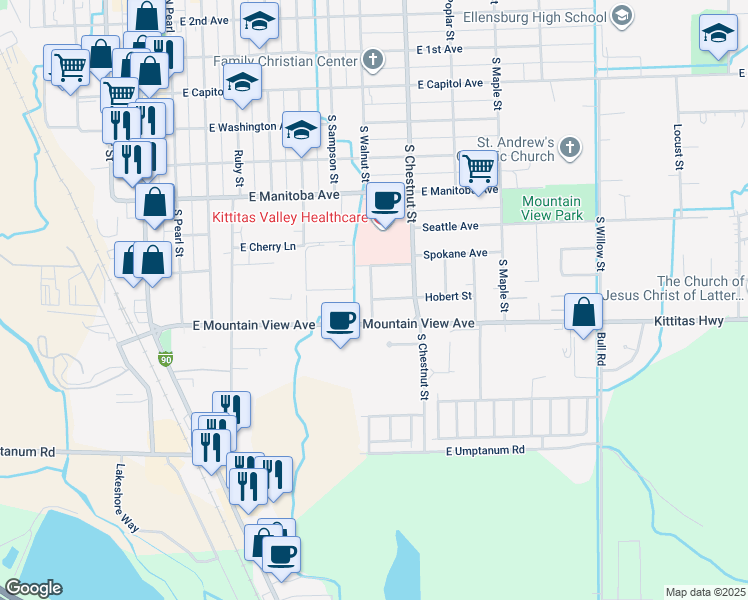 map of restaurants, bars, coffee shops, grocery stores, and more near 704 Hobert Ave in Ellensburg