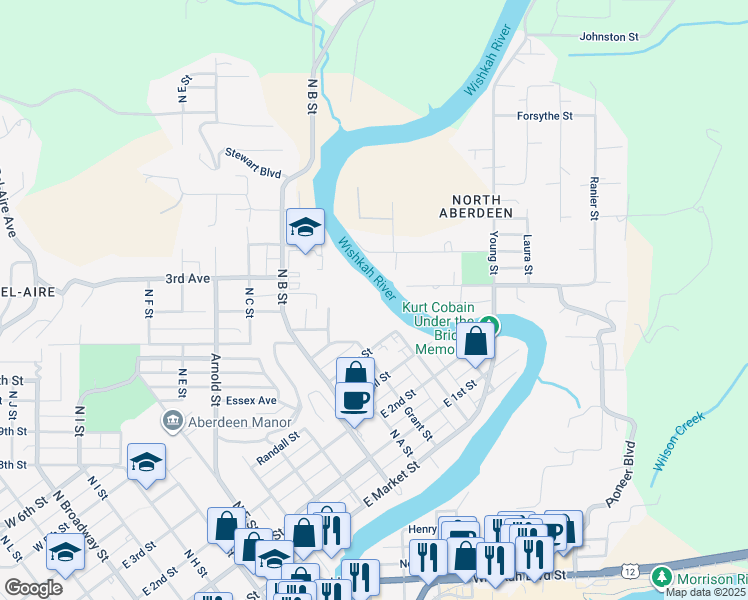 map of restaurants, bars, coffee shops, grocery stores, and more near 804 Lafayette Street in Aberdeen