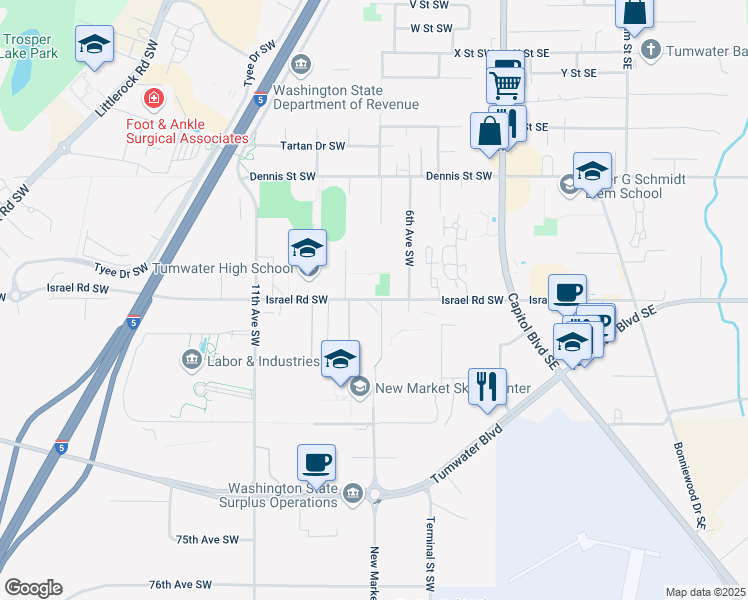 map of restaurants, bars, coffee shops, grocery stores, and more near 700 Israel Road Southwest in Tumwater
