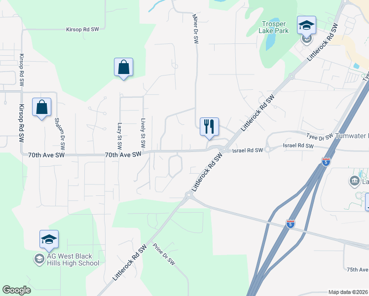map of restaurants, bars, coffee shops, grocery stores, and more near 2510 70th Avenue Southwest in Tumwater