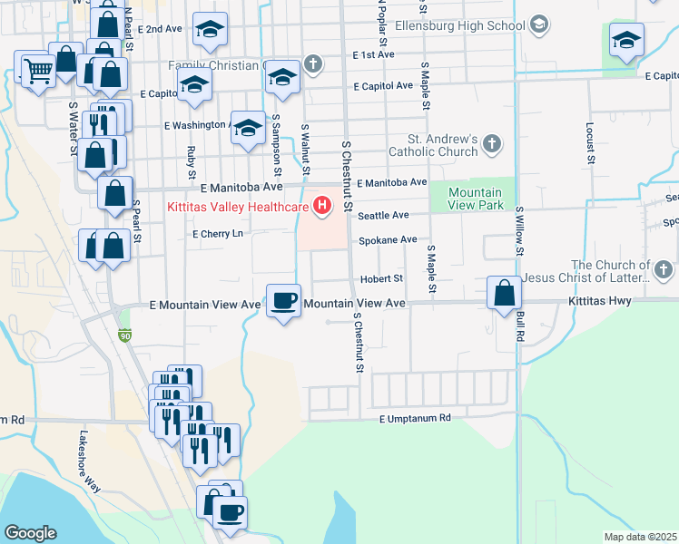 map of restaurants, bars, coffee shops, grocery stores, and more near 701 South Chestnut Street in Ellensburg