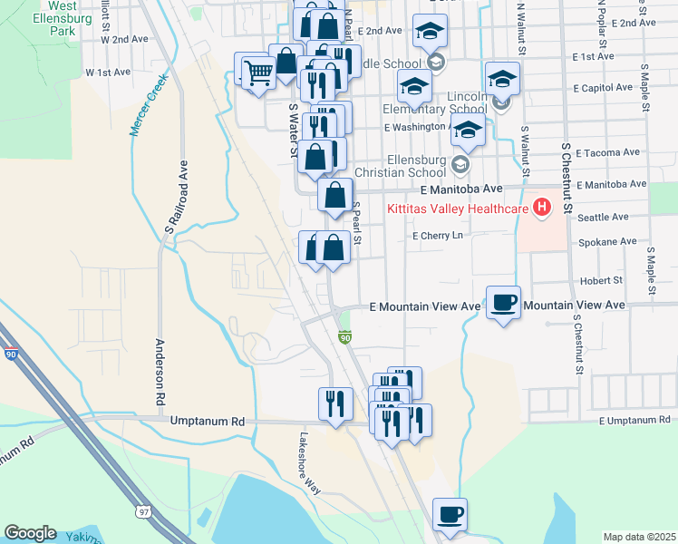 map of restaurants, bars, coffee shops, grocery stores, and more near 700 South Main Street in Ellensburg