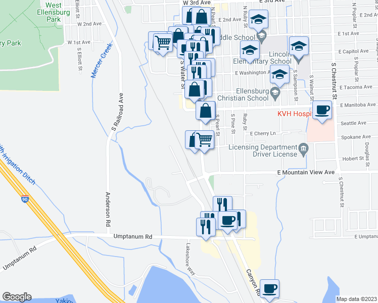 map of restaurants, bars, coffee shops, grocery stores, and more near 615 South Main Street in Ellensburg