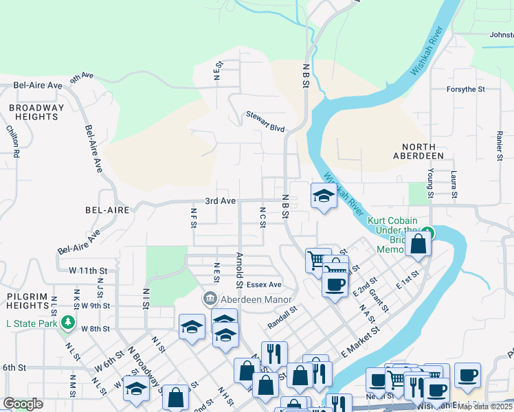 map of restaurants, bars, coffee shops, grocery stores, and more near 621 3rd Avenue in Aberdeen