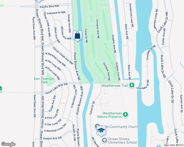 map of restaurants, bars, coffee shops, grocery stores, and more near 133 Canal Drive Northeast in Ocean Shores