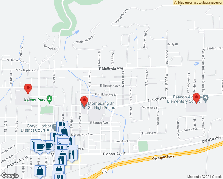 map of restaurants, bars, coffee shops, grocery stores, and more near 522 Calder Street North in Montesano