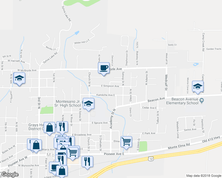 map of restaurants, bars, coffee shops, grocery stores, and more near 522 Calder Street North in Montesano
