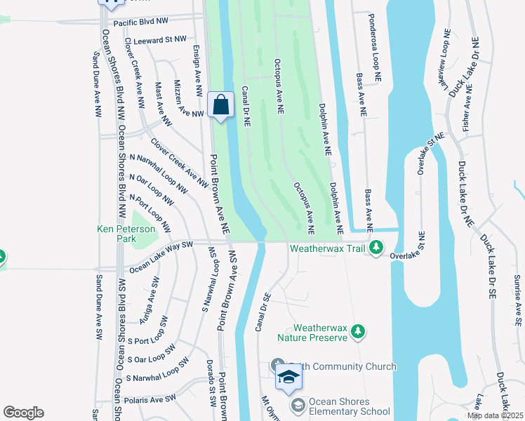 map of restaurants, bars, coffee shops, grocery stores, and more near 133 Canal Drive Northeast in Ocean Shores