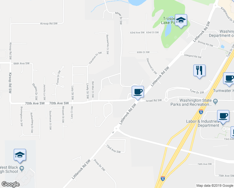 map of restaurants, bars, coffee shops, grocery stores, and more near 2510 70th Avenue Southwest in Tumwater