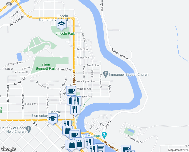 map of restaurants, bars, coffee shops, grocery stores, and more near 1106 Soule Avenue in Hoquiam
