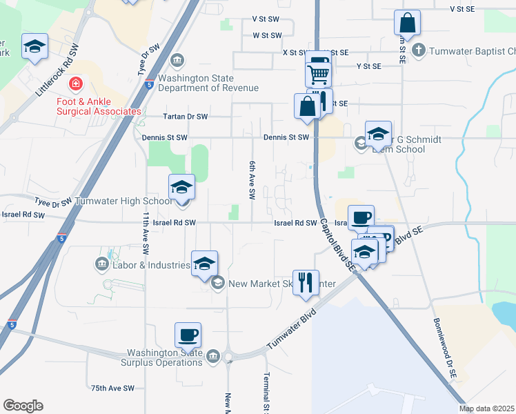 map of restaurants, bars, coffee shops, grocery stores, and more near 6920 6th Ave SW in Tumwater