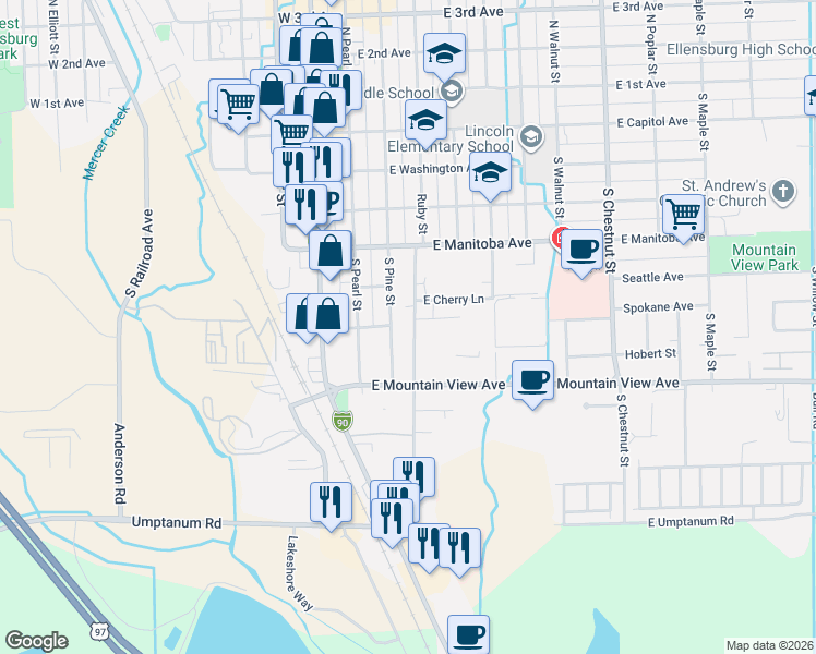map of restaurants, bars, coffee shops, grocery stores, and more near 704 Ruby Street in Ellensburg