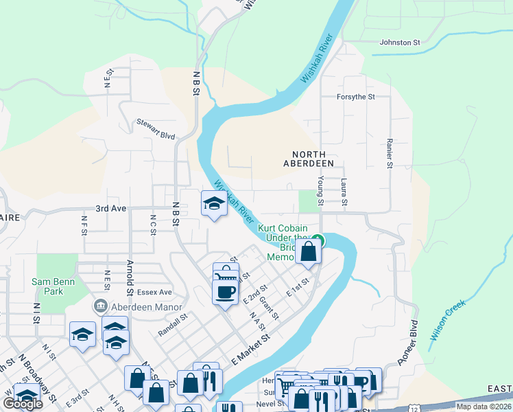map of restaurants, bars, coffee shops, grocery stores, and more near 804 Lafayette Street in Aberdeen