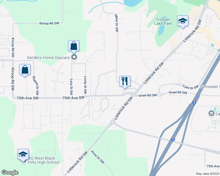 map of restaurants, bars, coffee shops, grocery stores, and more near 2510 70th Avenue Southwest in Tumwater