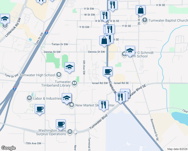 map of restaurants, bars, coffee shops, grocery stores, and more near 220 Israel Road Southwest in Tumwater