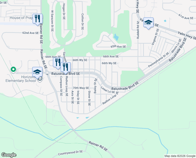 map of restaurants, bars, coffee shops, grocery stores, and more near 5401 Balustrade Boulevard Southeast in Lacey