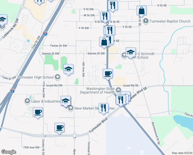 map of restaurants, bars, coffee shops, grocery stores, and more near 248 Israel Road Southwest in Tumwater