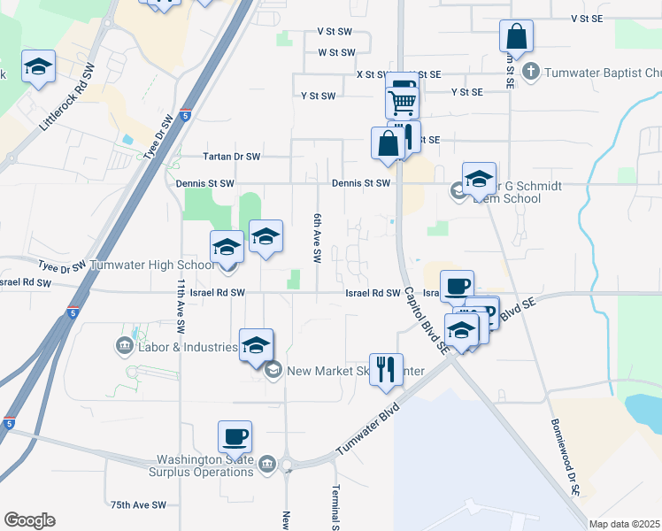 map of restaurants, bars, coffee shops, grocery stores, and more near 6920 6th Avenue Southwest in Tumwater