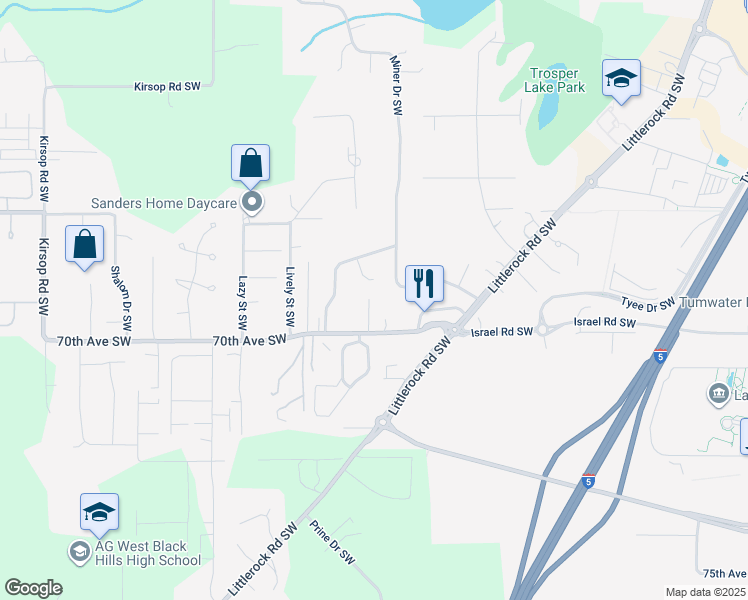 map of restaurants, bars, coffee shops, grocery stores, and more near 2510 70th Avenue Southwest in Tumwater