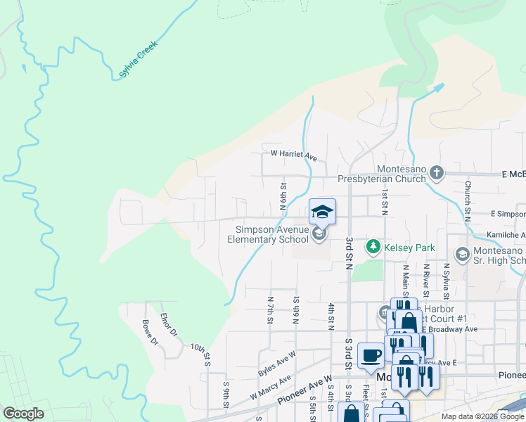 map of restaurants, bars, coffee shops, grocery stores, and more near 775 Simpson Avenue West in Montesano