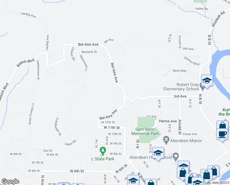 map of restaurants, bars, coffee shops, grocery stores, and more near 1511 Montview Drive in Aberdeen
