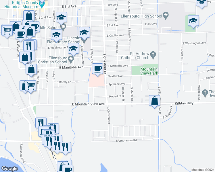 map of restaurants, bars, coffee shops, grocery stores, and more near 700 South Chestnut Street in Ellensburg