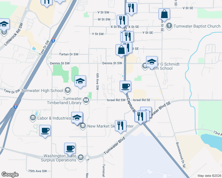 map of restaurants, bars, coffee shops, grocery stores, and more near 248 Israel Road Southwest in Tumwater