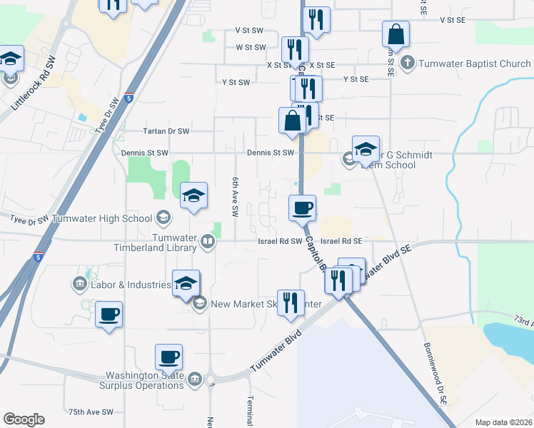 map of restaurants, bars, coffee shops, grocery stores, and more near 248 Israel Road Southwest in Tumwater