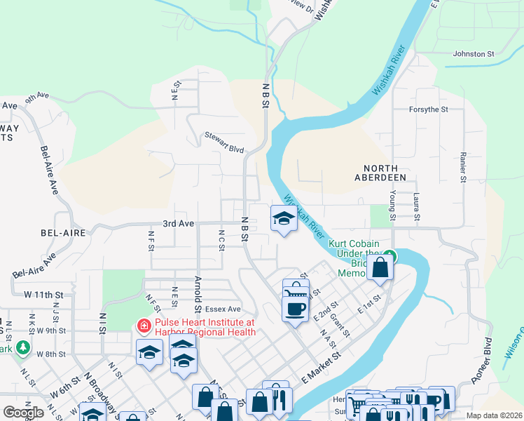 map of restaurants, bars, coffee shops, grocery stores, and more near 1516 North B Street in Aberdeen