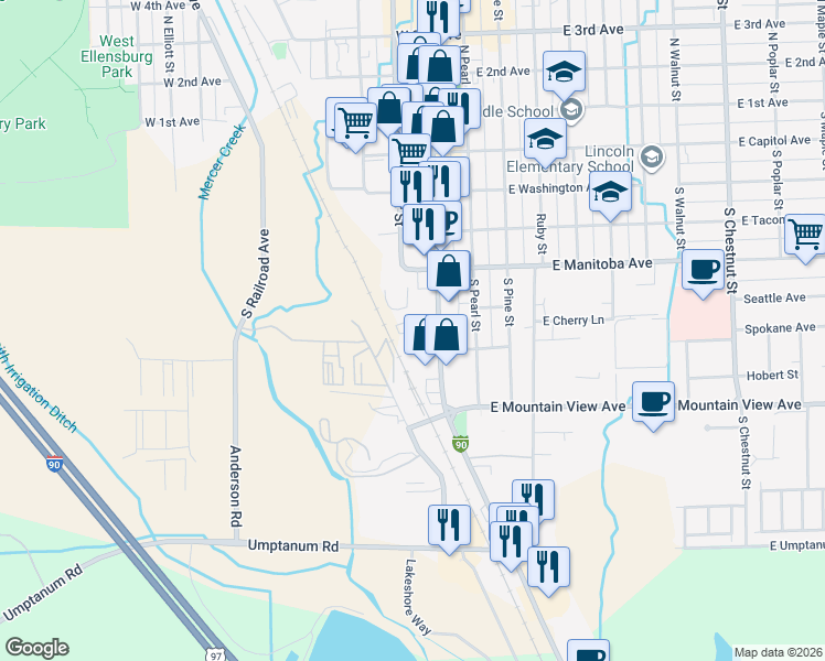 map of restaurants, bars, coffee shops, grocery stores, and more near 615 South Main Street in Ellensburg