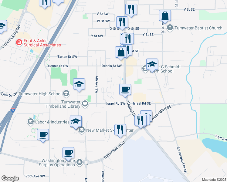 map of restaurants, bars, coffee shops, grocery stores, and more near 248 Israel Road Southwest in Tumwater