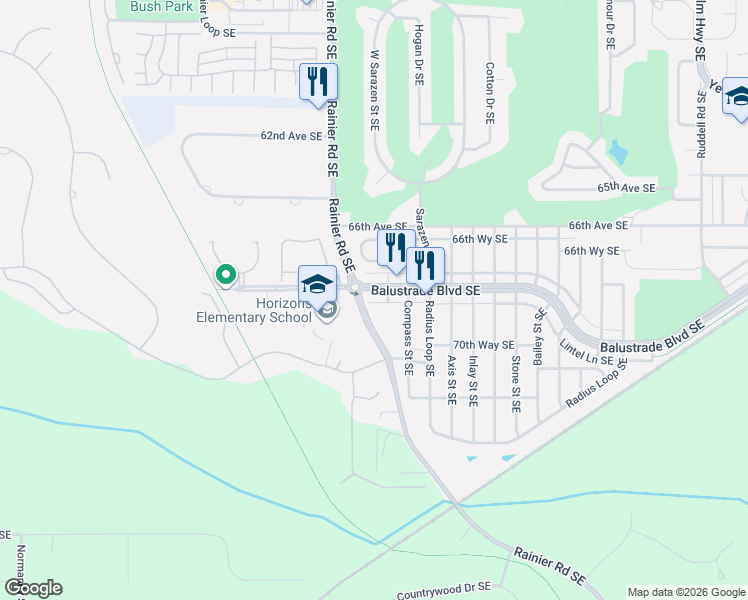 map of restaurants, bars, coffee shops, grocery stores, and more near 4901 Balustrade Boulevard Southeast in Lacey