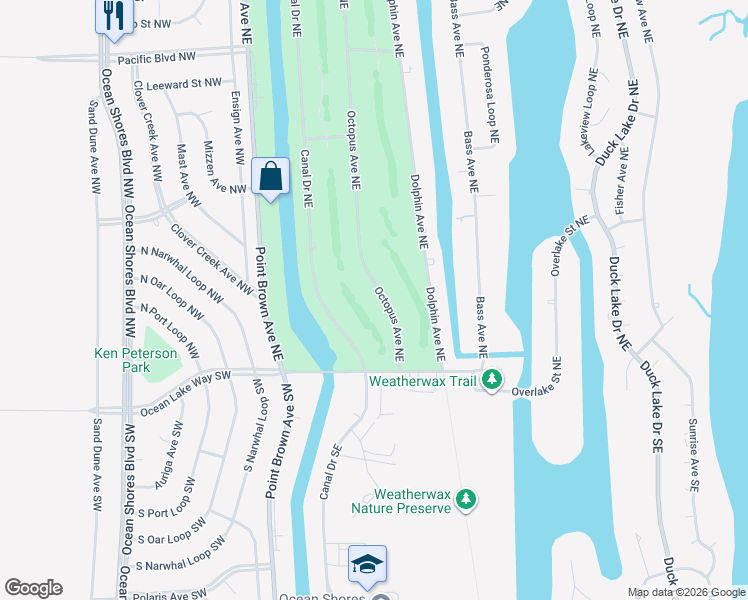 map of restaurants, bars, coffee shops, grocery stores, and more near 191 Octopus Avenue Northeast in Ocean Shores