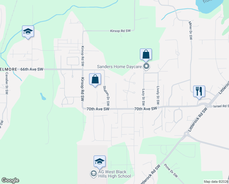 map of restaurants, bars, coffee shops, grocery stores, and more near 6806 Shalom Drive Southwest in Olympia