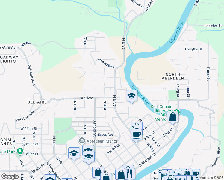 map of restaurants, bars, coffee shops, grocery stores, and more near 1609 North B Street in Aberdeen