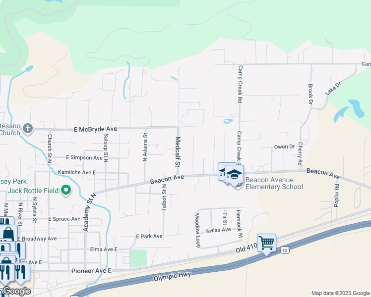 map of restaurants, bars, coffee shops, grocery stores, and more near 514 Medcalf Lane North in Montesano