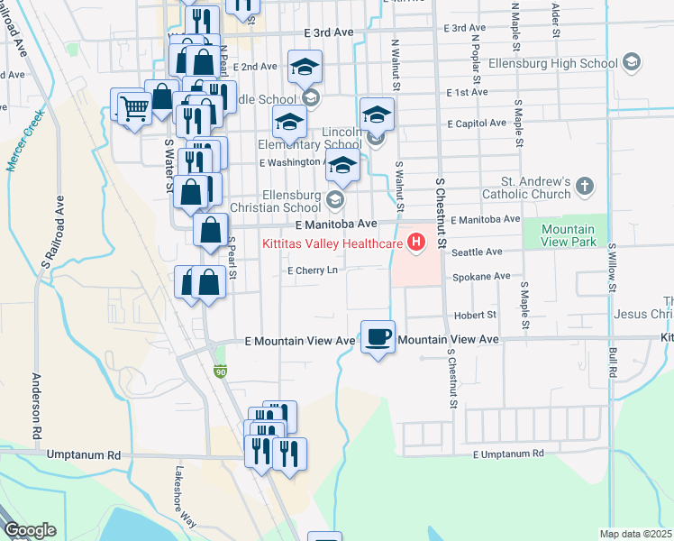 map of restaurants, bars, coffee shops, grocery stores, and more near 446 East Cherry Lane in Ellensburg