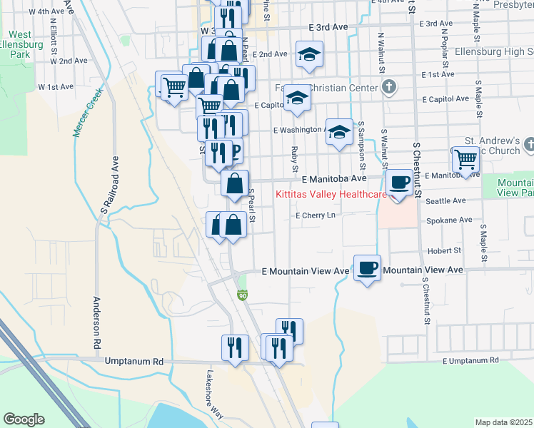 map of restaurants, bars, coffee shops, grocery stores, and more near 509 South Pine Street in Ellensburg