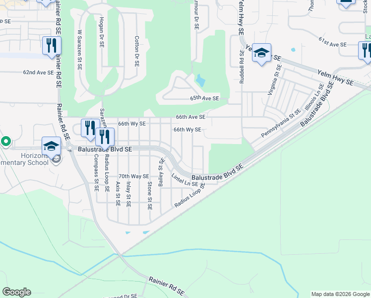 map of restaurants, bars, coffee shops, grocery stores, and more near 6737 Flute Street Southeast in Lacey