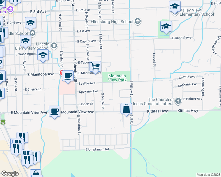 map of restaurants, bars, coffee shops, grocery stores, and more near in Ellensburg