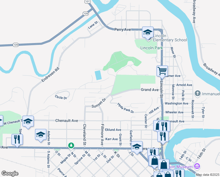 map of restaurants, bars, coffee shops, grocery stores, and more near 661 Sunset Drive in Hoquiam